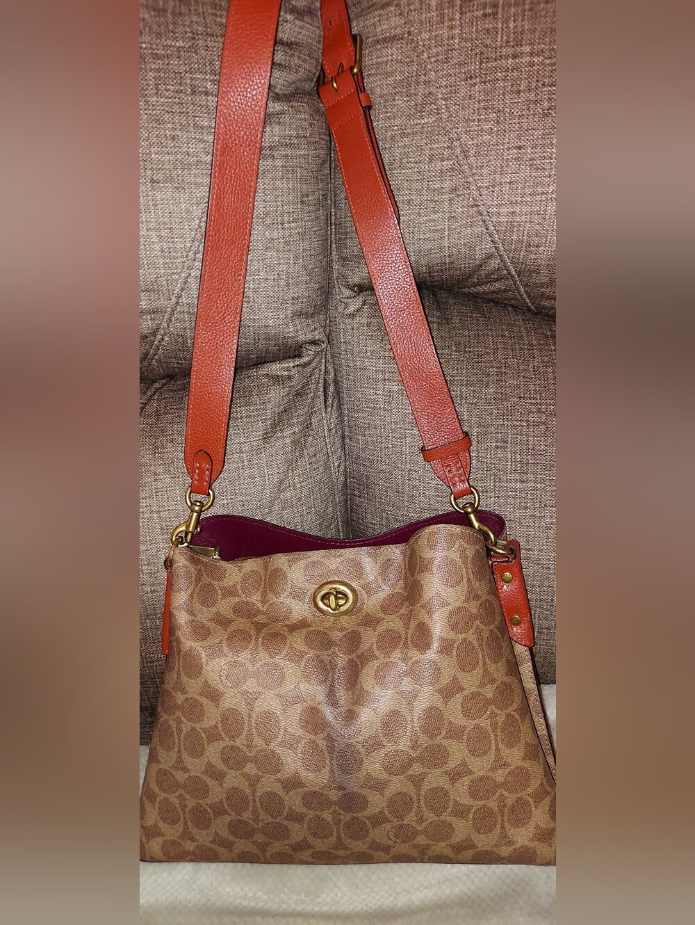 Signature Pattern Shoulder Bag in Brown with Orange Strap
